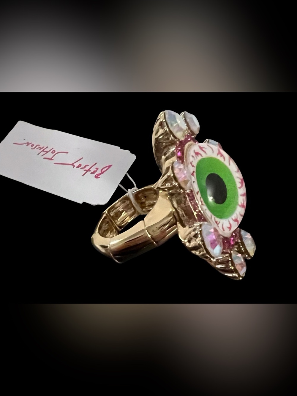 Betsey Johnson Gold-Tone Green Eyeball Ring with Pink Crystals